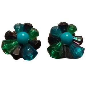 Vintage German Clip-On Flower Earrings Emerald & Aqua Crystal Petal Retro Style